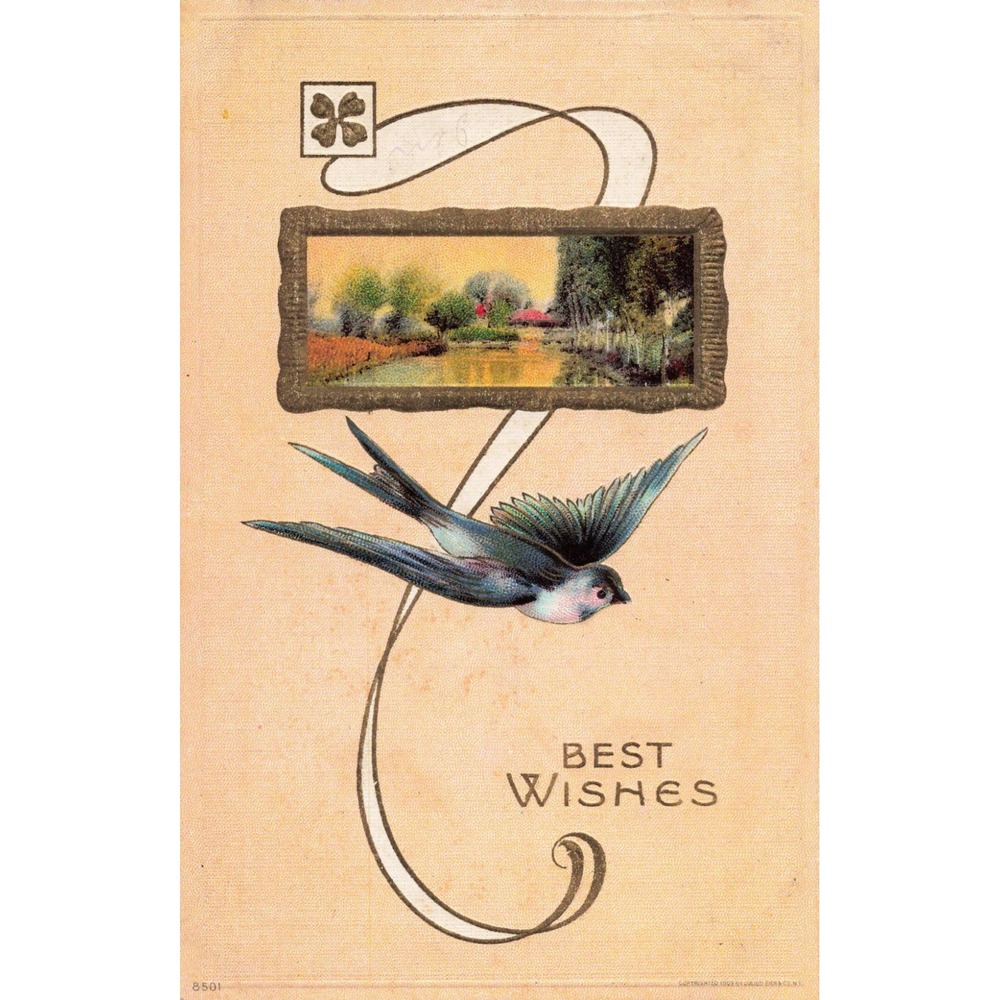 Antique Best Wishes Postcard Blue Swallow Bird Scenic Landscape Embossed 850